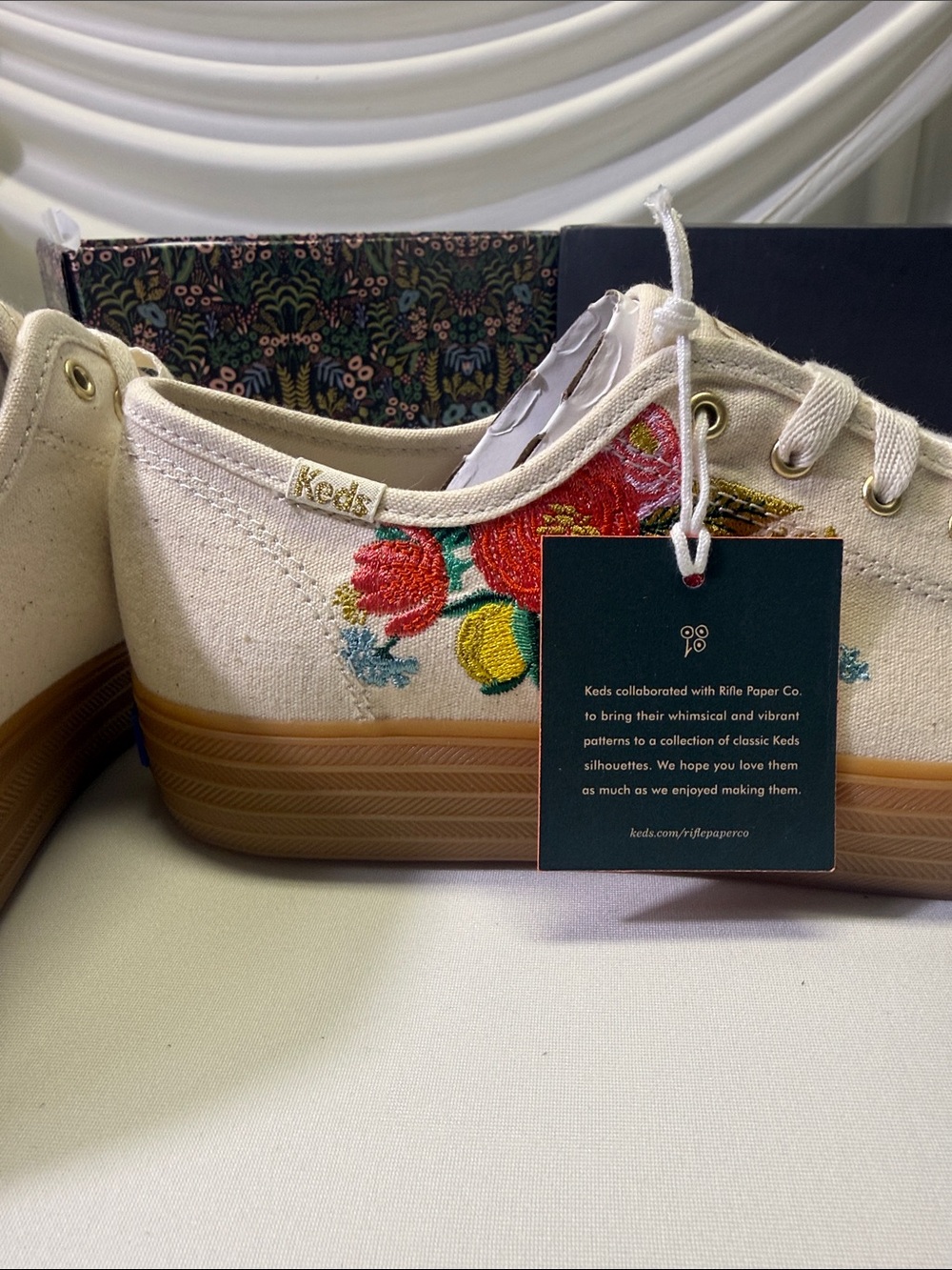 Keds x Rifle Paper Co. Cream Canvas Sneakers with Floral Embroidery (Size 7) - Picture 3 of 5